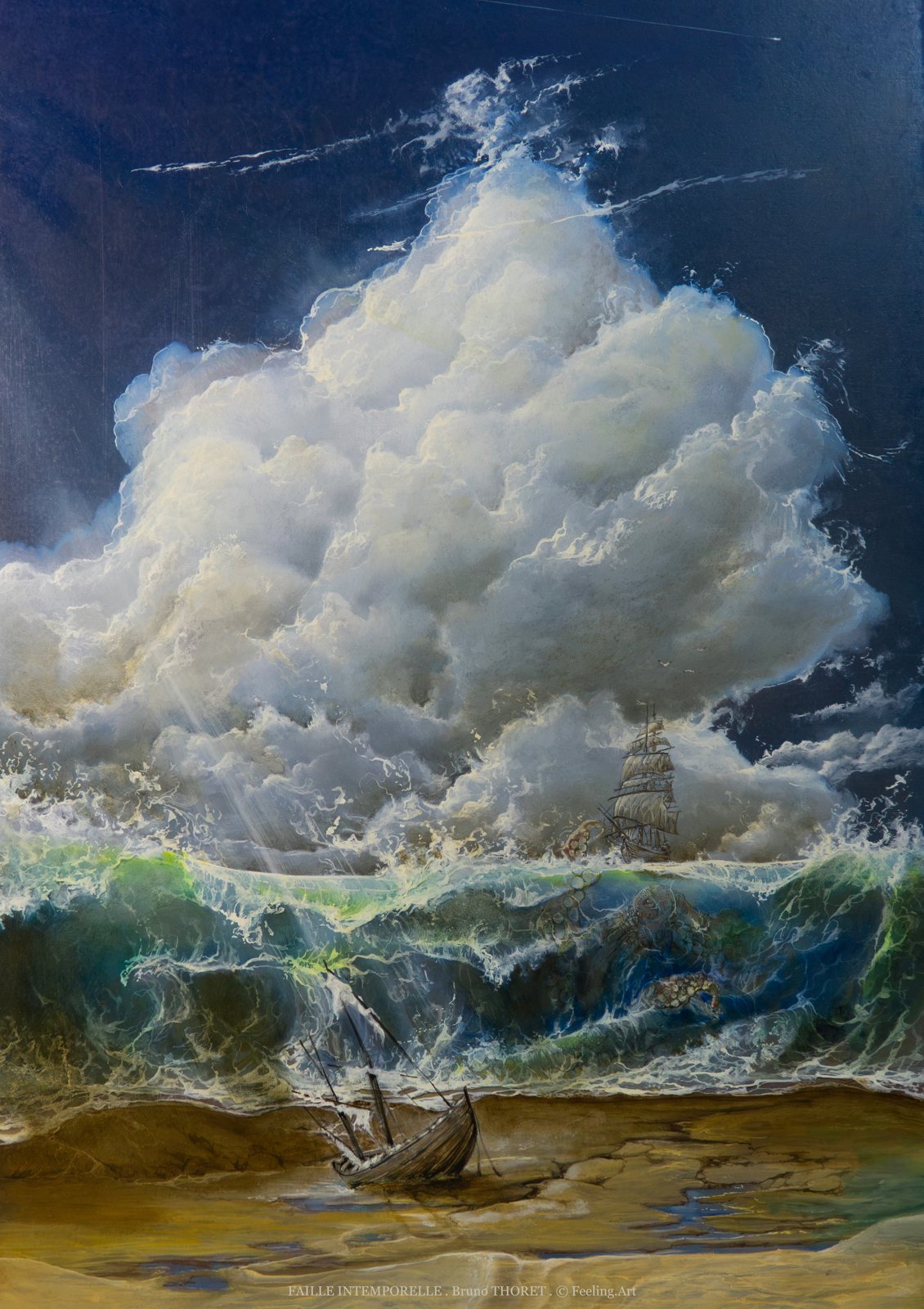 Faille intemporelle, peinture de Bruno Thoret : vague géante, nuages et voiliers