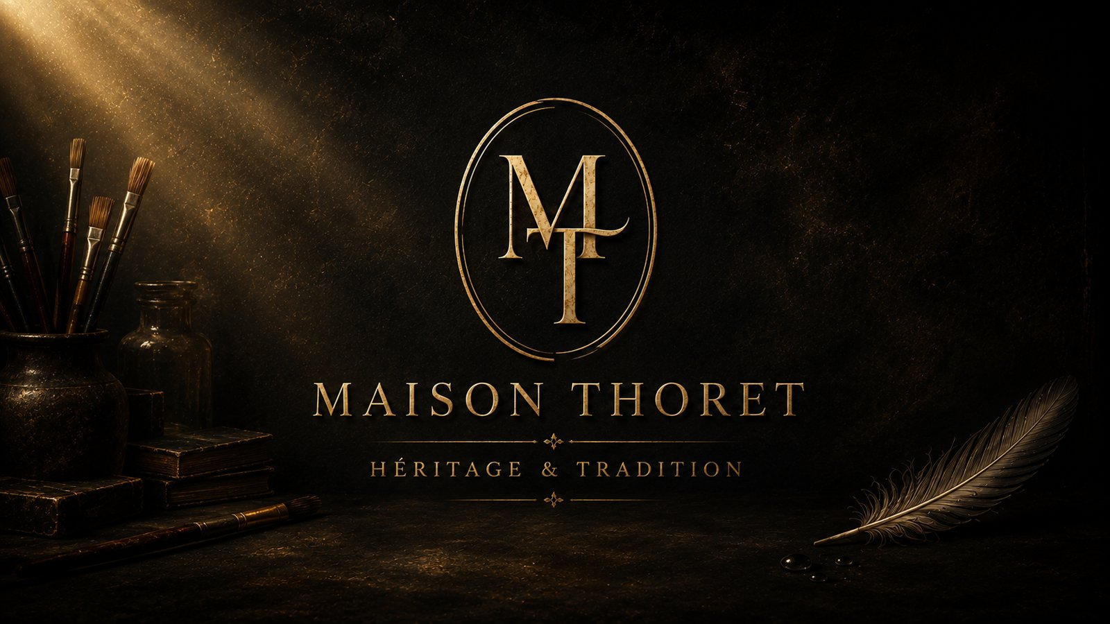 Maison THORET, Héritage & Traditions : monogramme doré entouré de pinceaux et d'une plume