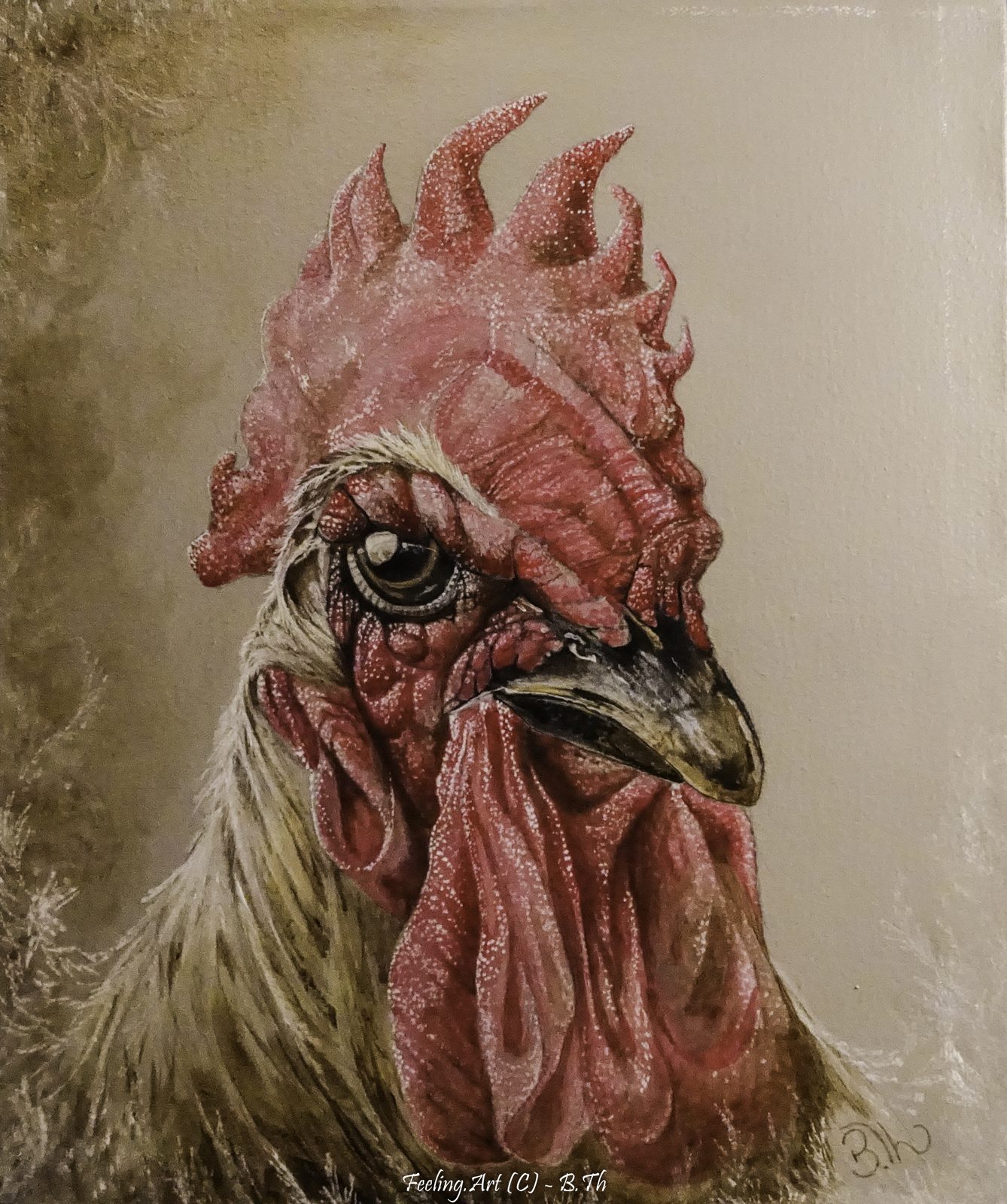 Un coq, et alors ? II, portrait de coq peint par Bruno Thoret